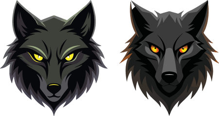 Illustration of a wolf head and wolf head set on isolated white backgroundのイラスト素材
