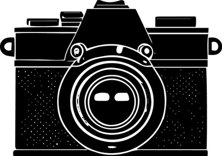 Black and White Vector Illustration of a Vintage Photo Camera with Lensのイラスト素材