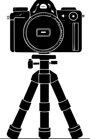 Camera on tripod. Black and white vector illustration isolated on white backgroundのイラスト素材