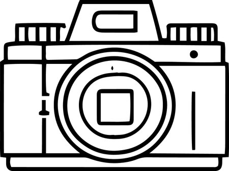 Camera icon, black and white illustration, vector on white background.のイラスト素材