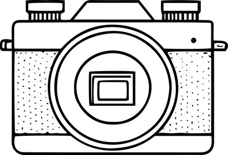 A simple black and white illustration of a retro camera with a lens.のイラスト素材