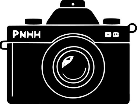Black and white illustration of a camera with a leaf on the lensのイラスト素材