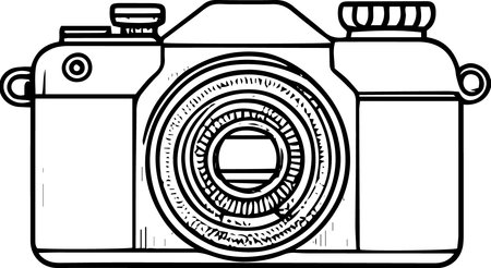 A black and white illustration of a vintage camera on a white background.のイラスト素材