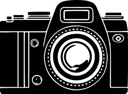 Illustration of a retro camera on a white background in black and whiteのイラスト素材