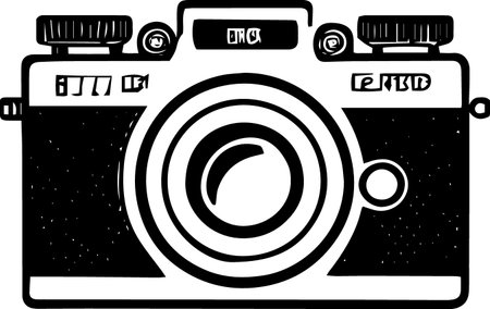 illustration of a retro camera on a white background in black and whiteのイラスト素材
