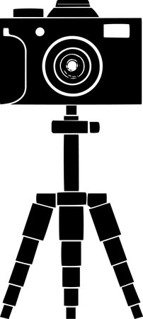 Camera on a tripod, black and white vector illustration isolated on white backgroundのイラスト素材