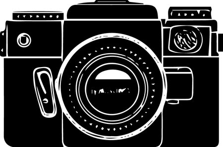 Black and white vector illustration of a retro camera with a lens.のイラスト素材