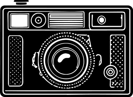 Retro Camera - Black and White Vector Illustration, Isolated On White Backgroundのイラスト素材
