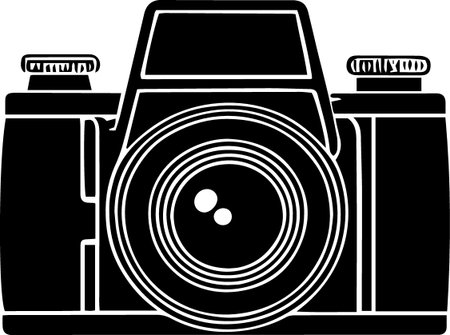 Black and white illustration of a camera on a white background. Vector image.のイラスト素材