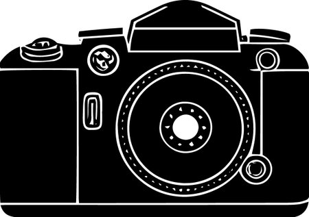 Black and white illustration of a camera on a white background, vectorのイラスト素材