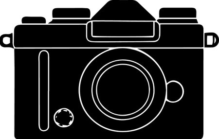 A black and white vector illustration of a retro camera on a white backgroundのイラスト素材