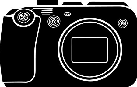 Black and white illustration of a digital camera with a blank screen.のイラスト素材