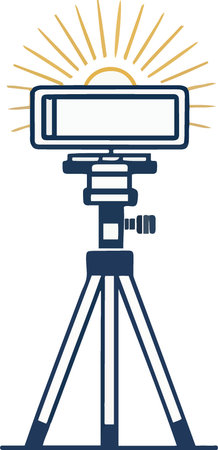 Illustration of a camcorder on a tripod with sunburst in the backgroundのイラスト素材