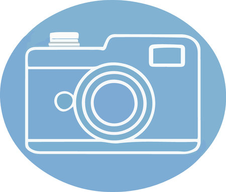 photography camera flat icon on blue round background, vector illustration.のイラスト素材