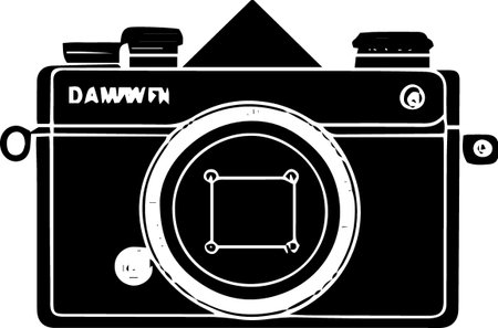 Retro camera with a blank screen. Black and white illustration.のイラスト素材