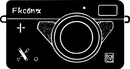 Black and white illustration of a retro camera on a white background.のイラスト素材