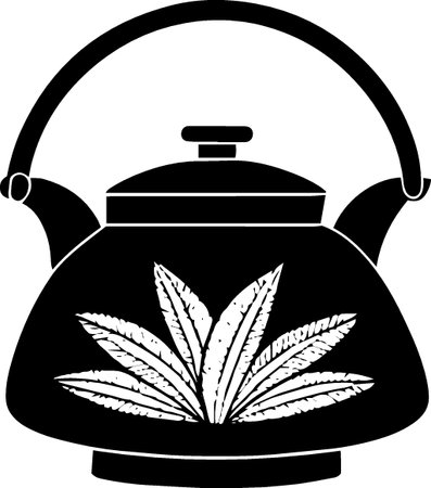 Black and white illustration of a teapot with cannabis leaves.のイラスト素材