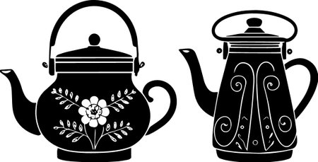 Teapot and kettle with floral pattern isolated on a white backgroundのイラスト素材