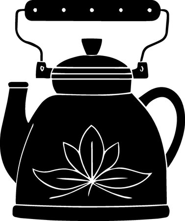 A black and white illustration of a kettle with a marijuana leaf.のイラスト素材