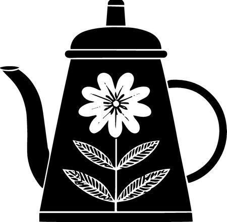 teapot with flower on white background, black and white illustrationのイラスト素材