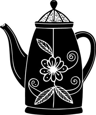 Black and White Illustration of a Teapot with Floral Patternのイラスト素材