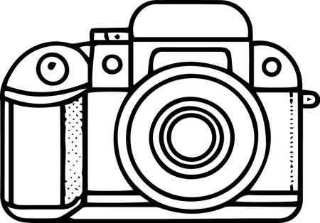 A black and white illustration of a camera in a linear style.のイラスト素材