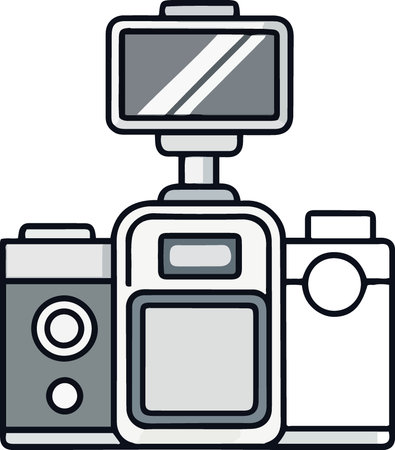 Illustration of a camera with a flash and a mirror on a white backgroundのイラスト素材