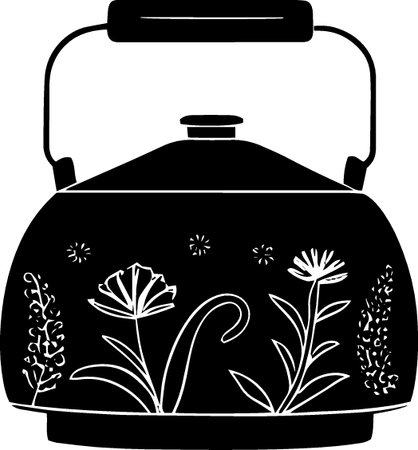 Black and White Illustration of a Teapot with Floral Patternのイラスト素材