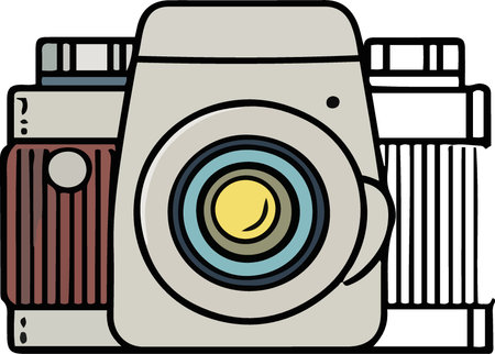 Illustration of a camera with lenses and flash on a white backgroundのイラスト素材