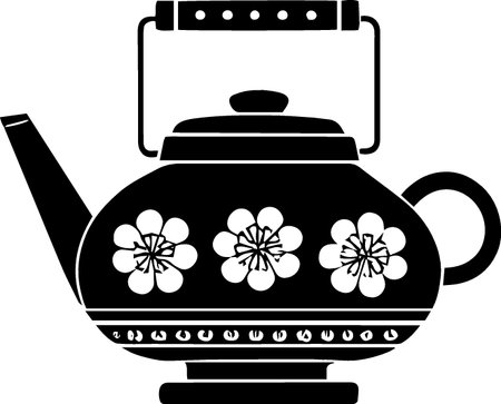 teapot with flowers on a white background, black and whiteのイラスト素材