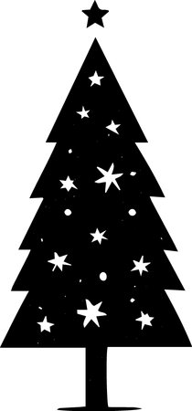 Black silhouette of a Christmas tree with stars on a white background.のイラスト素材