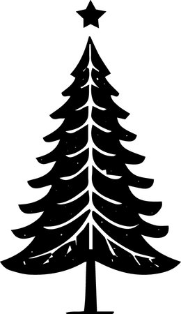 Black and White Silhouette Illustration of Christmas Tree with Starのイラスト素材