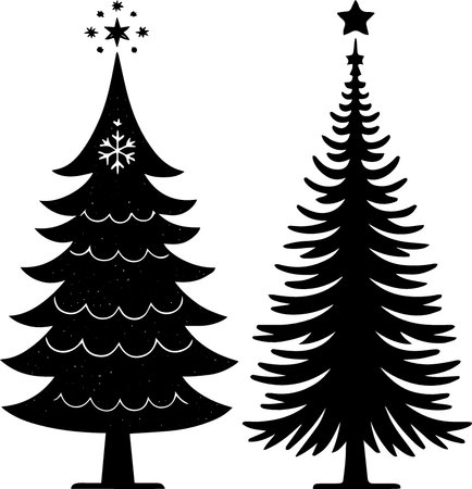 Christmas tree silhouettes with snowflakes. Black and white vector illustration.のイラスト素材