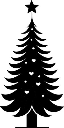Black christmas tree with star and hearts isolated on a white backgroundのイラスト素材