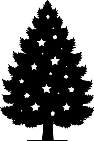 Black silhouette of a Christmas tree with stars on a white background.のイラスト素材