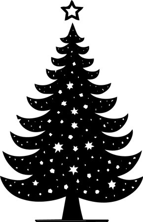 Black silhouette of a Christmas tree with stars on a white background.のイラスト素材