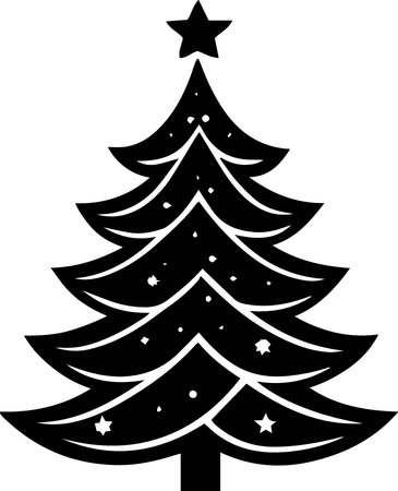 Black and White Silhouette Illustration of a Christmas Tree with Starsのイラスト素材