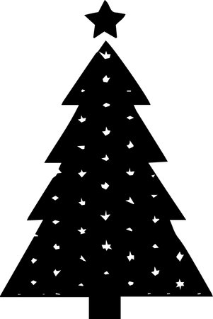 Black silhouette of a Christmas tree with stars on a white background.のイラスト素材