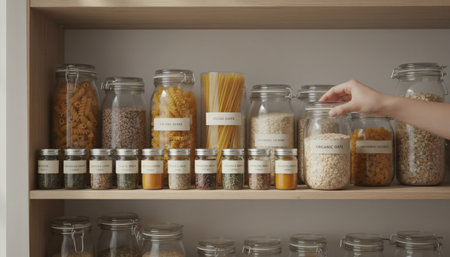 Organized pantry shelves filled with glass jars of pasta and grainsの素材