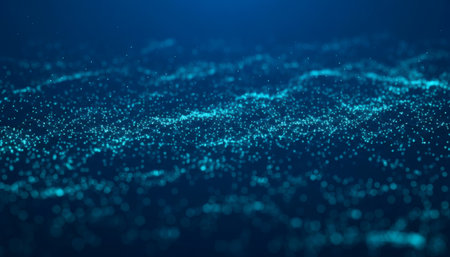 Abstract blue background with glowing particles and network connections visualizedの素材
