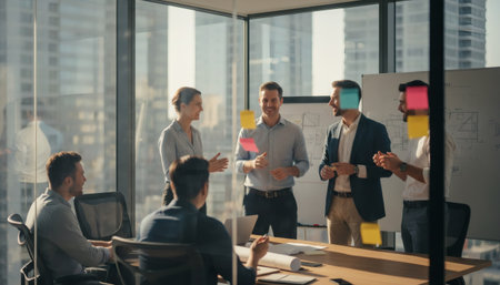 Team brainstorming session in a modern office space with sticky notesの素材