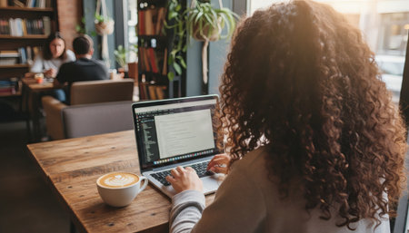 Woman working on laptop with coffee in a bright cozy cafe settingの素材