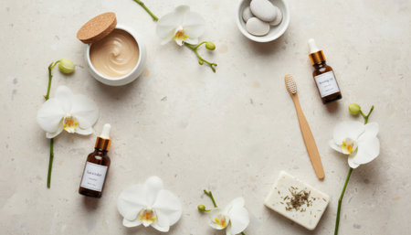Minimalist flat lay featuring skincare products orchids and personal care itemsの素材