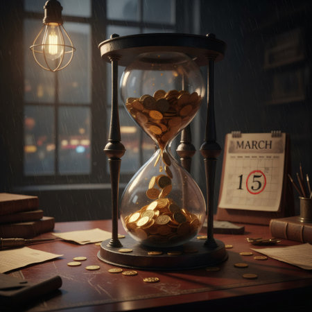 Time and wealth an hourglass filled with golden coins on a deskの素材
