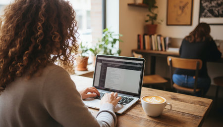 Woman working on laptop with coffee in a cozy cafe settingの素材