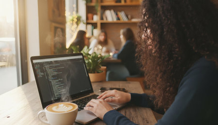 Woman working on laptop in cafe with blurred people in backgroundの素材