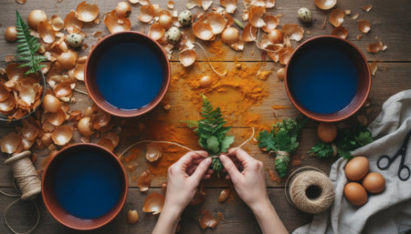 Natural dyeing process with eggs turmeric and fern on wooden surfaceの素材