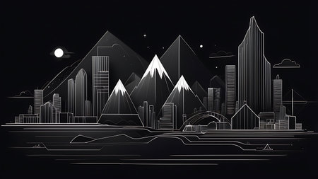 Hand drawn illustration of a modern city at night. Vector illustration.の素材