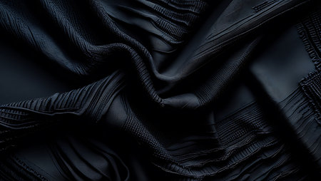 Closeup detail of crumpled black silk fabric texture background.の素材