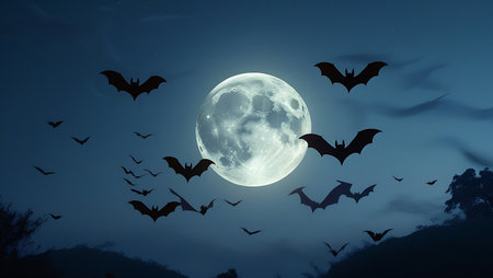 Halloween background with full moon and flying bats. 3d renderingの素材